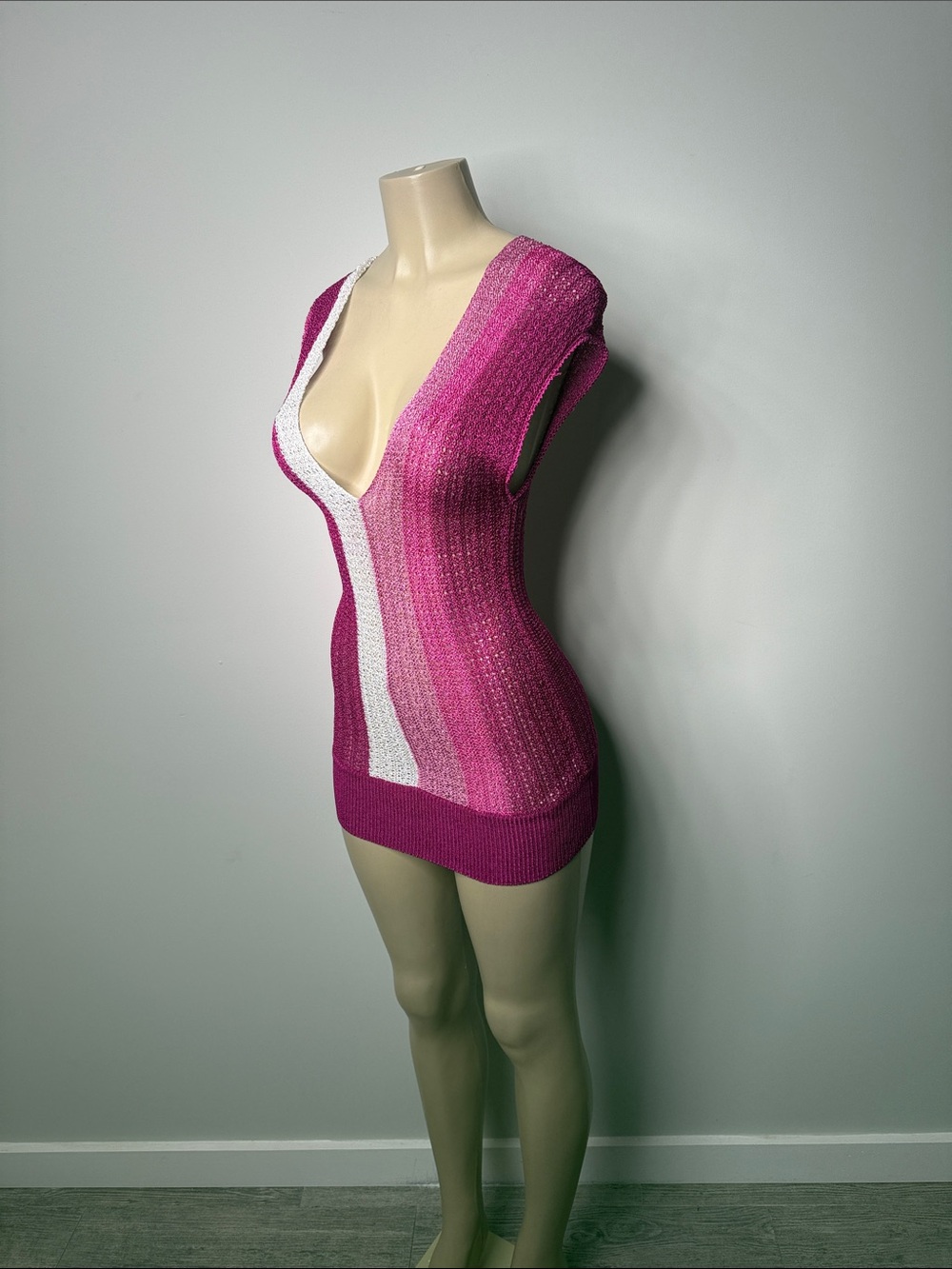 bebe Pink & White Striped Deep V-Neck Short Sleeve Sweater - Picture 5 of 8